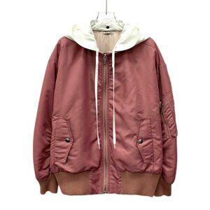 Miu Miu Pink Long-Sleeved Bomber Jacket W/ White Attached Hoodie & Zipper Closur